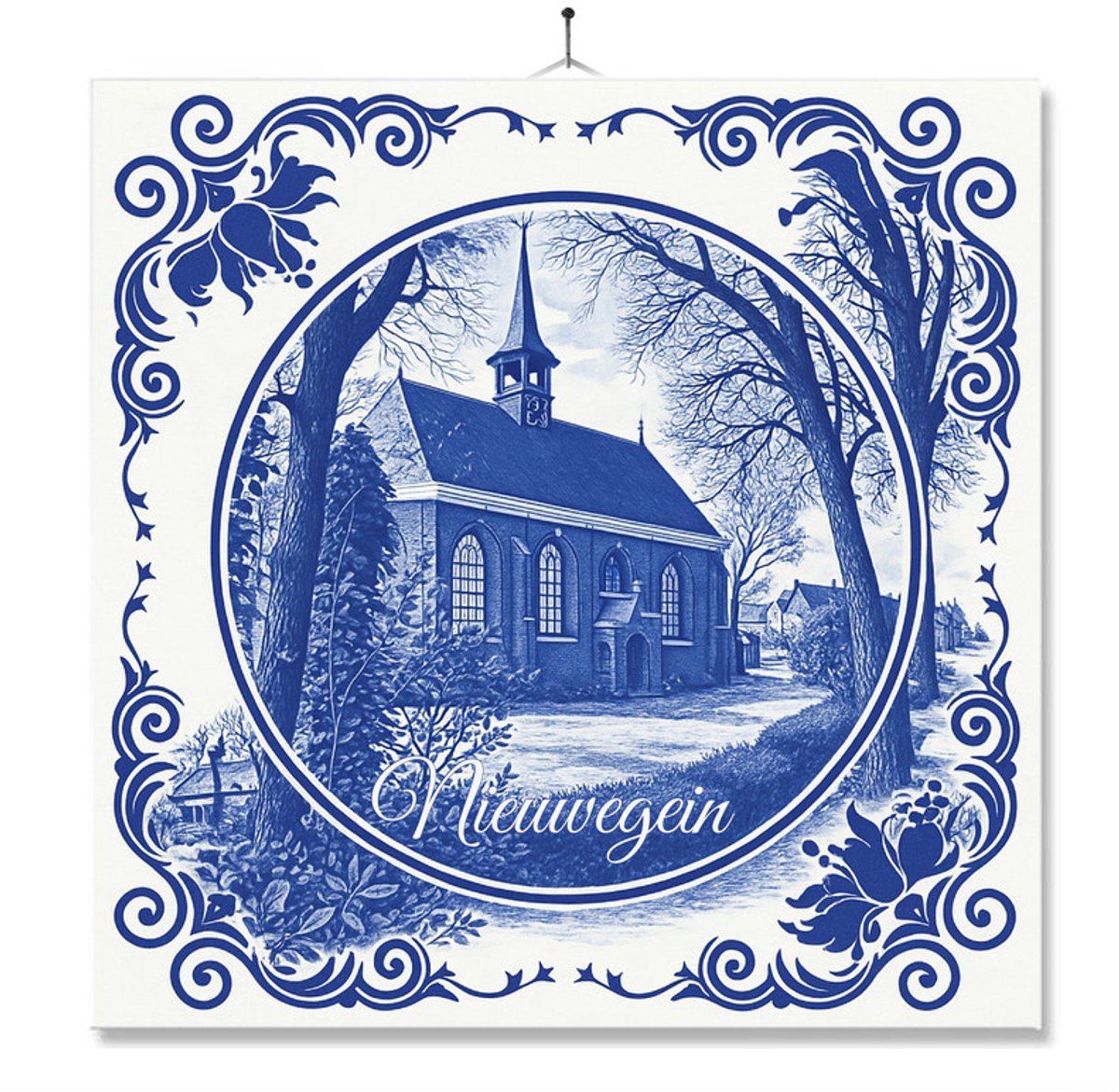 Tegel Met Opdruk | Nieuwegein | Delft Blauw | Cadeau | Inclusief Geschenkdoos | Standaard | Ophangsysteem
