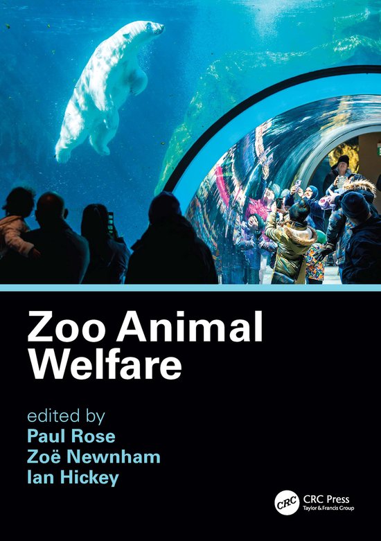 Een ijsbeer zwemt in een aquarium, terwijl bezoekers aan de andere kant door een tunnel lopen. Titel: Zoo Animal Welfare.