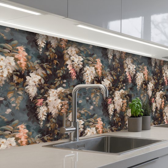 Keuken achterwand 250x60 cm - Spatscherm zelfklevend Bloemen - Bladeren - Donker - Patroon - Muurbeschermer - Spatwand fornuis