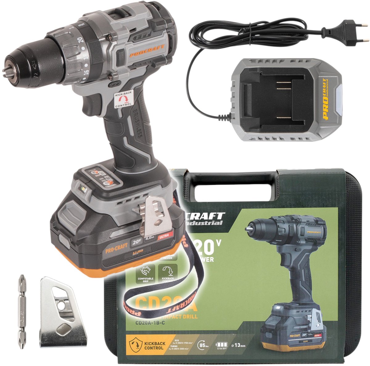 Procraft Industrial CD20A accu-klopboormachine 20 V 85 Nm + 1x accu 4,0 Ah + oplader + koffer