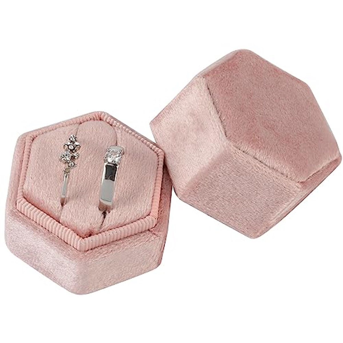 Hexagonale Ringdoos voor Trouwerij en Verloving - Met Afneembaar Deksel en 2 Vakjes - Roze