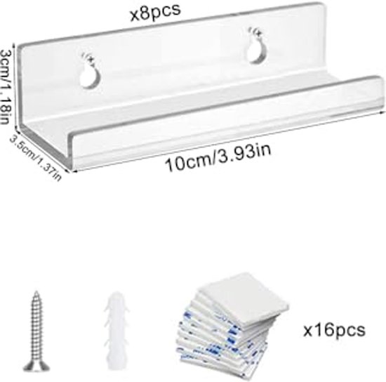 Eén transparante acryl wandplank met afmetingen 10x3,5x3 cm, inclusief schroeven, pluggen en dubbelzijdige tape.
