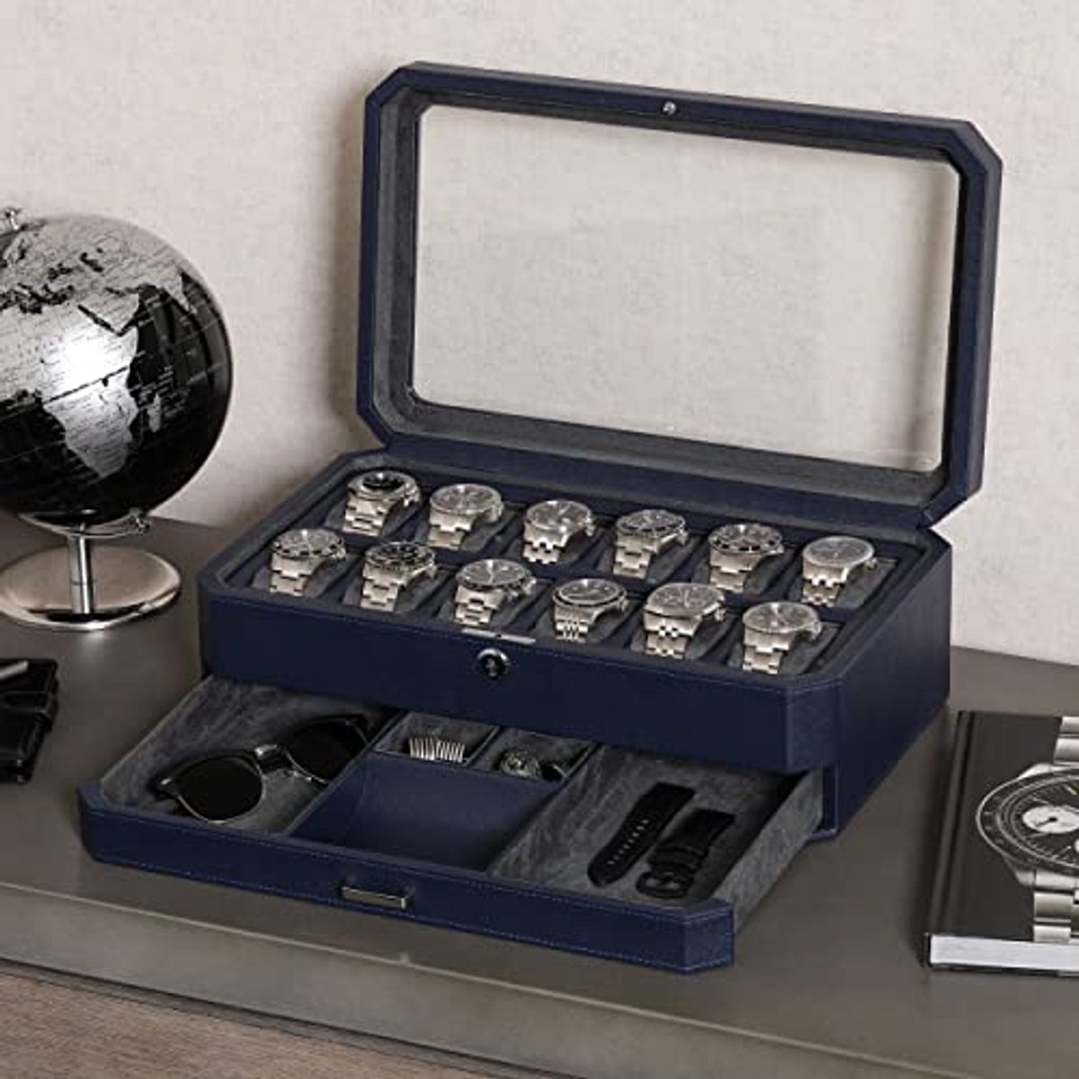 Horlogedoos met 12 vakken en glazen bovenkant - Organiseer en bescherm je horloges