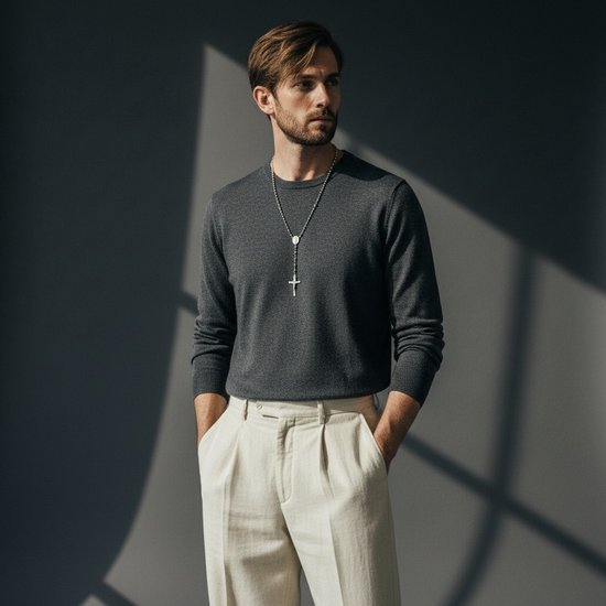 Man met donkergrijs trui en lichtbeige broek draagt een zilverkleurige rozenkrans ketting.