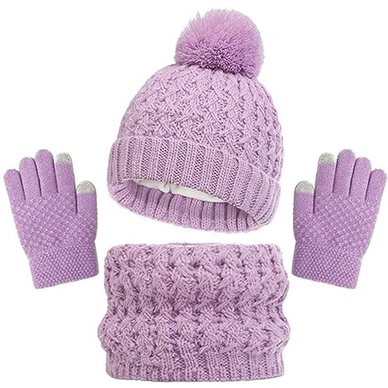 Ensemble Hiver 3 Pièces Enfant 3-8 Ans - Bonnet Pompon, Cache-Cou Polaire & Gants Tactiles Fair Isle