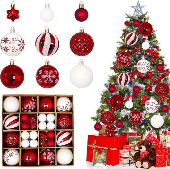 ZIGefofo 40 stuks rode kerstballen van kunststof, onbreekbaar, herbruikbaar, kerstballen voor decoratie van de kerstboom, bruiloft, feest (rood, goud