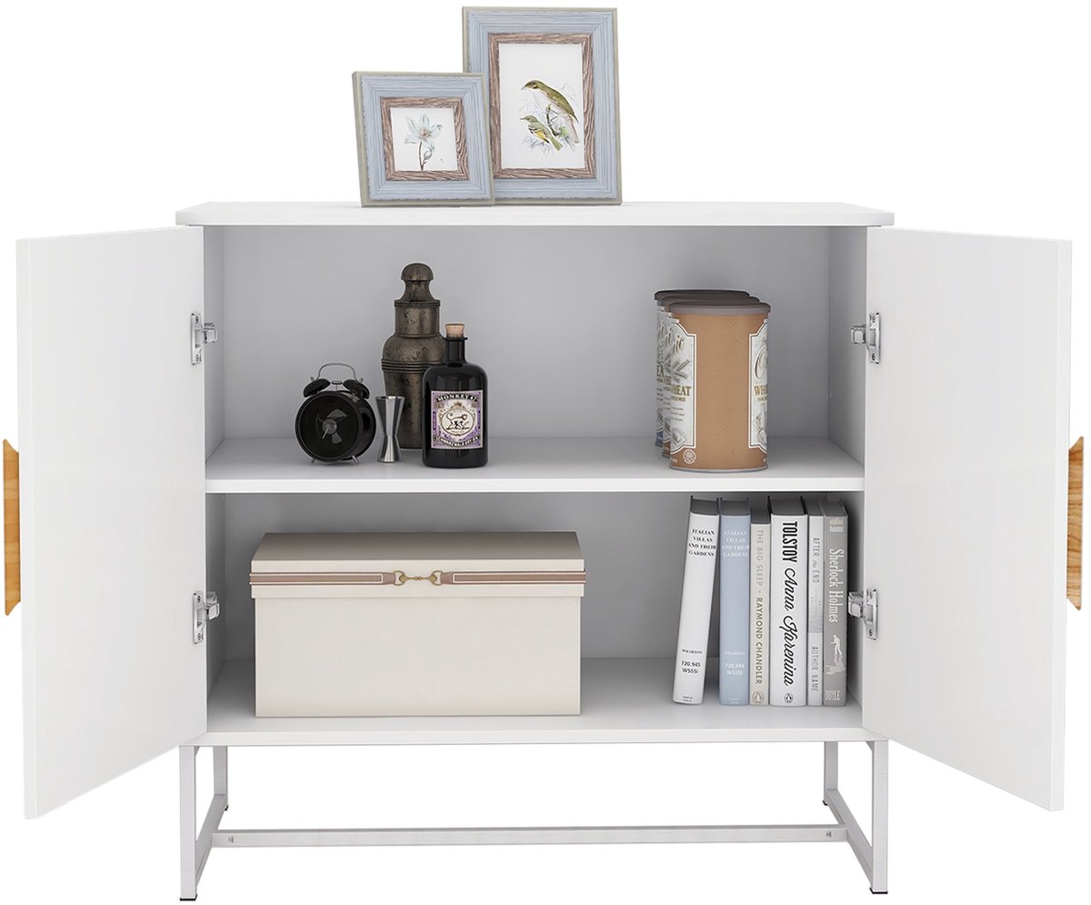 Merax Houten Dressoir met Vierkante Handgrepen - 2 Deurs Opbergkast - Wit MDF met Ijzeren Frame - Modern Buffetkast of Halmeubel - 80x40x75 cm