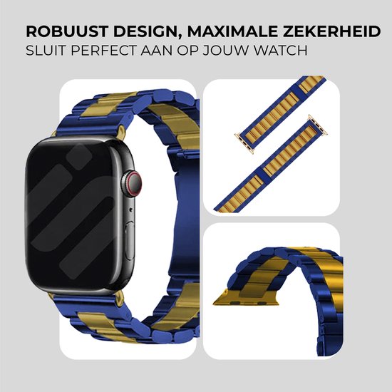 Close-up van een Apple Watch met een blauw en goudkleurig metalen bandje. Ook losse banden zichtbaar.