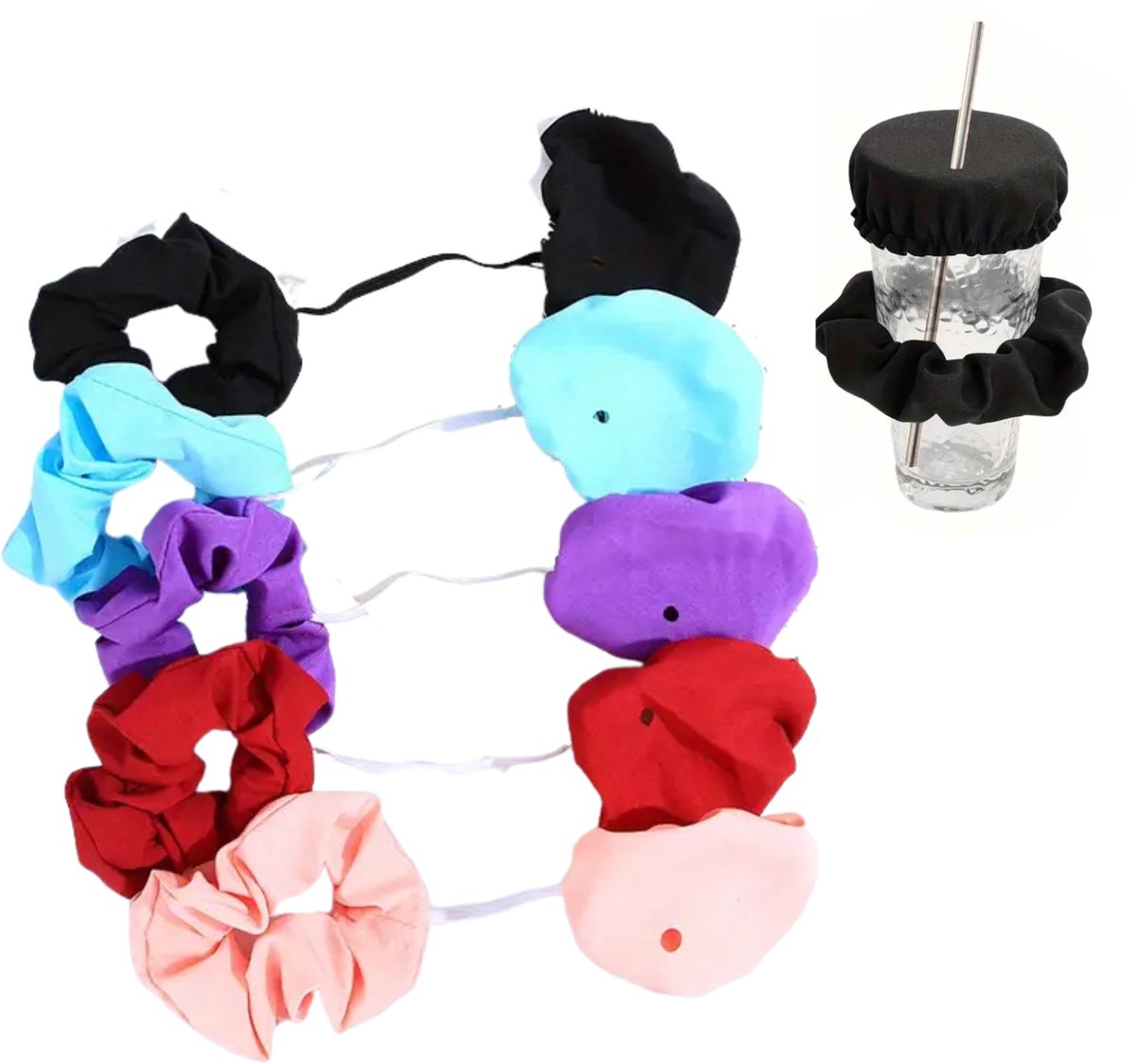FA-VE Drinkcover Scrunchies – Set van 5 – Herbruikbare Glazen Beschermers met Rietjesopening – Zwart, Paars, Rood, Roze & Blauw