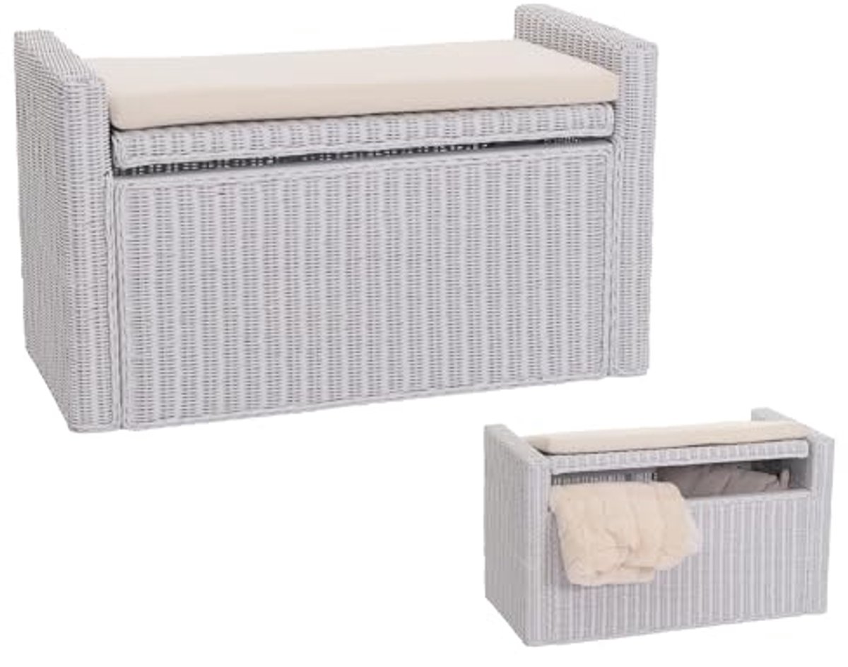 Zitbank met Opbergruimte en Kussen - Witte Rotan Garderobebank 88cm