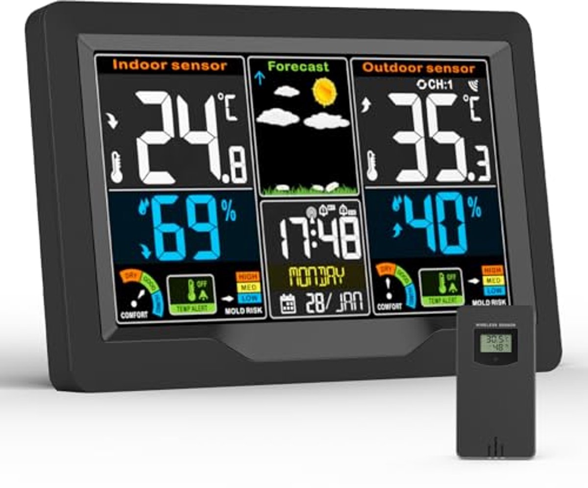 Draadloos Weerstation met Buitensensor - Multifunctioneel Digitaal Weerstation voor Binnen en Buiten