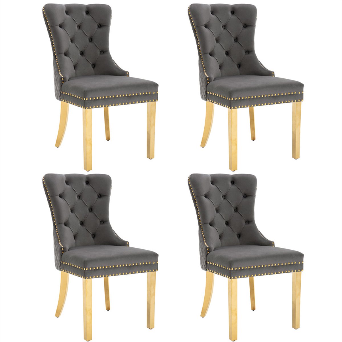 YEHTOKHOME Set van 4 Fluwelen eetkamerstoelen, Keukenstoel woonkamerstoel met deurklopper, Gestoffeerde stoel met klinknagels, Eetkamerstoel in vintage stijl, Gouden metalen poten, Grijs, b 51 x d 65.5 x h 95 cm