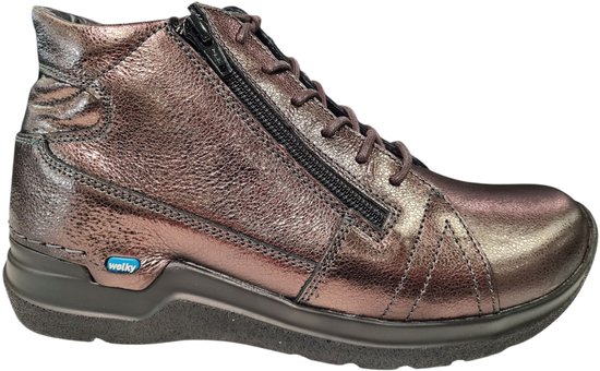 Bronzen leren veterboot met rits en blauw 'Wolky'-logo op de zool.