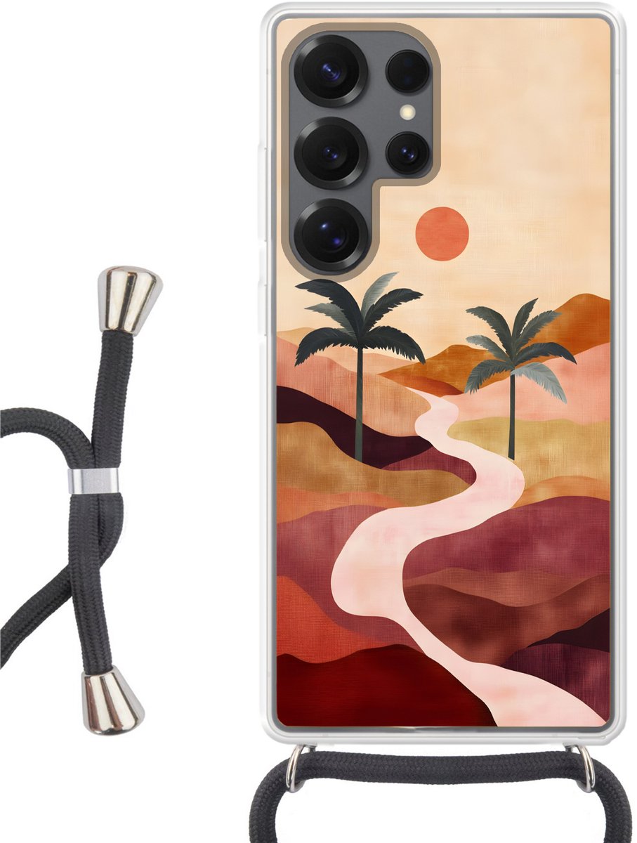 Telefoonhoesje Geschikt voor Samsung Galaxy S25 Ultra - Heuvels - Palmbomen - Abstract - Siliconen - Crossbody - Backcover met Koord - Telefoonhoesje met koord - Hoesje met touw Telefoonhoesje