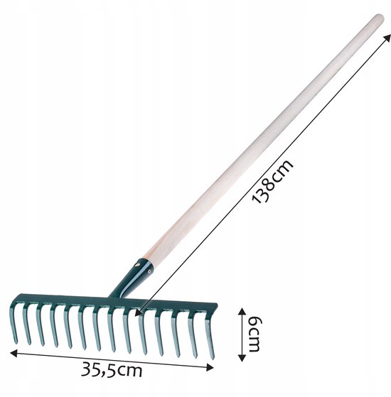 KADAX Hark van metaal, platte hark met steel van hout, bladbezem voor tuin, bloembed, bladbreken, gazonhark, groen, tuingereedschap, hooikoork, tuingereedschap, hark (14 tanden) van Merkloos	 — afbeelding 5