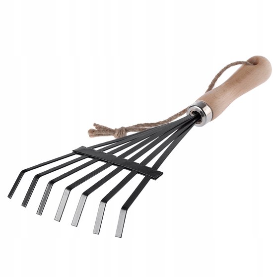 KADAX Kleine hark van metaal, hark met steel van hout, bladhark, bladhark, gazonhark voor tuin, hark, handhark, kleine waaierbezem (7 tanden, zwart, zwart) van Merkloos	 — afbeelding 4