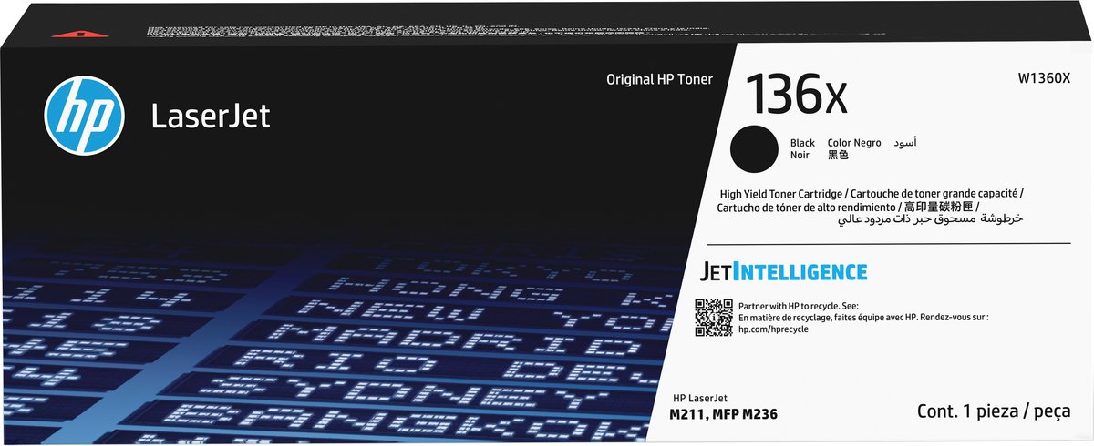 HP 136X High Yield Black Original LaserJet Toner Cartridge tonercartridge 1 stuk(s) Zwart