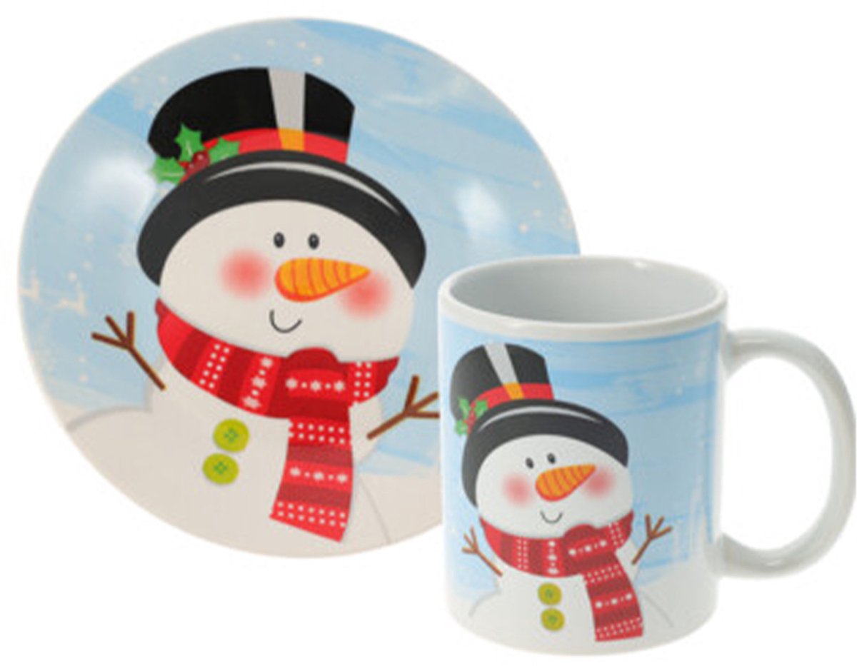 SIAKIKerst servies setje - bordjes, beker - 2-delig - wit met sneeuwpop - voor kinderen - ontbijtsetje - kerstservies