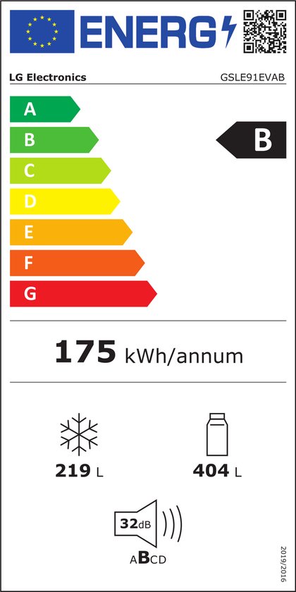 Energie-etiket van een LG GSLE91EVAB Amerikaanse koelkast met energielabel B, 175 kWh/annum, 219L vriesinhoud en 404L koelinhoud. Geluidsniveau 32dB.