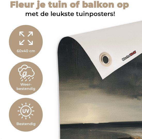 Tuinposter 60x40 cm - Tuindecoratie Kust - Golven - Rots - Storm - Poster voor in de tuin - Buiten decoratie - Schutting tuinschilderij - Tuindoek muurdecoratie - Wanddecoratie balkondoek