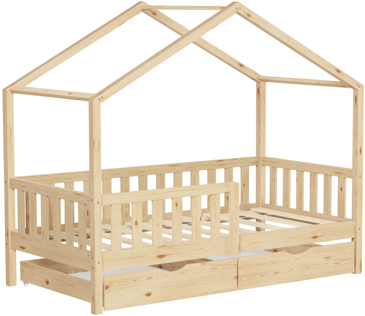 ml-design kinderbed huisbed 80x160 cm naturel houten bed met 2 lades valbeveiliging lattenbodem en dak speelbed van massief grenenhout Montessori vloerbed kinderkamer bedframe speelhuis bed voor kinderen meisjes jongens juniorbed houten kinderhuisbed Beige