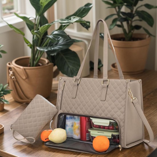 koeltas - Lunchtas - Lunchtassen voor vrouwen - Handtas - 15,6 inch 2 in 1 draagtas - Insulated Lunch Bag Combo - Large Tote with Lunch Compartment - Witte PU buitenlaag + polyester voering van Esyhomi — afbeelding 2