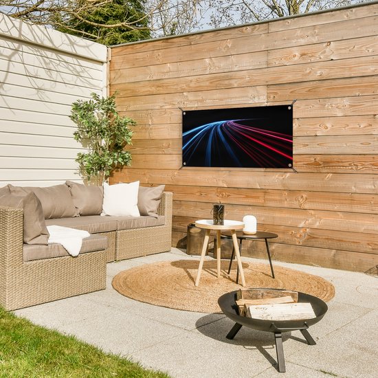 Tuinposter 80x40 cm - Tuindecoratie Gaming - Strepen - Gebogen - Blauw - Poster voor in de tuin - Buiten decoratie - Schutting tuinschilderij - Tuindoek muurdecoratie - Wanddecoratie balkondoek