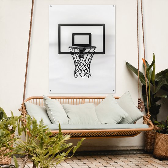 Tuinposter 90x120 cm - Tuindecoratie Basketbalbord - Minimalistisch - Zwart - Poster voor in de tuin - Buiten decoratie - Schutting tuinschilderij - Tuindoek muurdecoratie - Wanddecoratie balkondoek