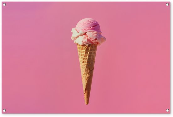 Roze ijsje in een hoorntje tegen een roze achtergrond.