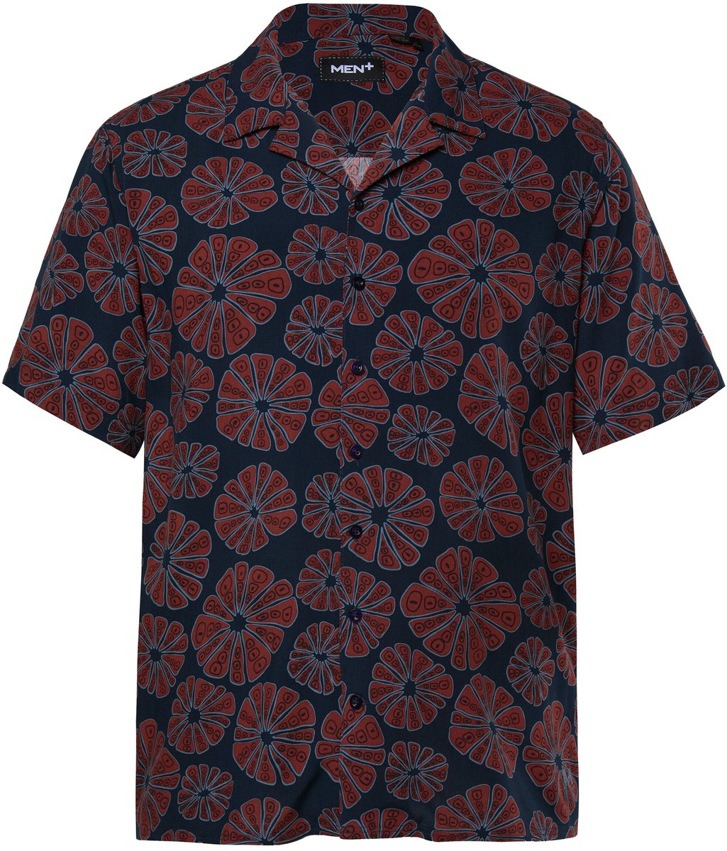 Men Plus - Heren - Viscose overhemd korte mouw all-over print Cubaanse kraag - Navy blauw - Maat 6XL