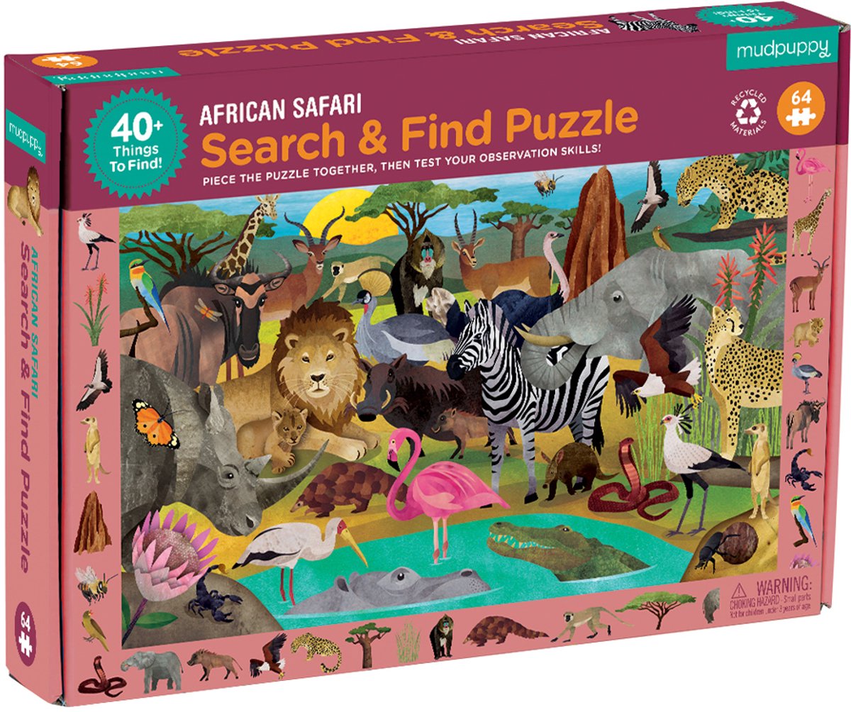 MUDPUPPY Zoek-En-Vind Puzzel - Afrikaanse Safari - 59X39Cm - 64 Stukjes - 4 Jaar