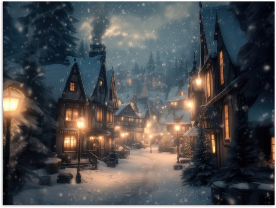 Poster 120x90 cm - Winterdorp - Sneeuw - Donker - Posters - Kamer decoratie - Wanddecoratie woonkamer - Muurdecoratie slaapkamer