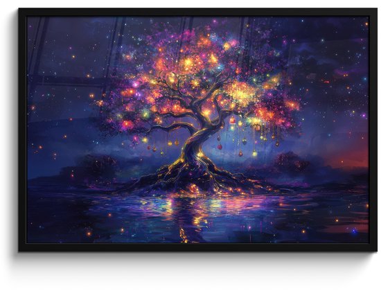 Poster in lijst - Fotolijst 90x60 cm - Posters - Kosmisch - lichtboom - Kerst - Kleurrijk - Posterlijst zwart - Decoratie - Wanddecoratie woonkamer - Muurdecoratie slaapkamer - Kerstversiering - Kerstdecoratie voor binnen - Kerstmis