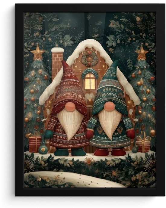 Poster in lijst - Fotolijst 30x40 cm - Posters - Kerst - Gnomen - Peperkoekhuisje - Rood - Groen - Posterlijst zwart - Decoratie - Wanddecoratie woonkamer - Muurdecoratie slaapkamer - Kerstversiering - Kerstdecoratie voor binnen - Kerstmis