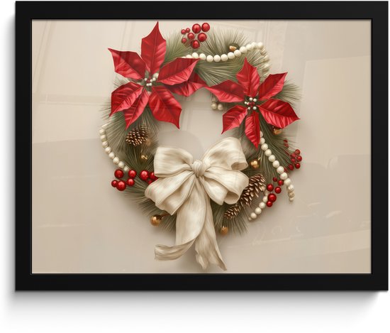 Poster in lijst - Fotolijst 40x30 cm - Posters - Deurkrans - Strik - Kerst - Rood - Groen - Posterlijst zwart - Decoratie - Wanddecoratie woonkamer - Muurdecoratie slaapkamer - Kerstversiering - Kerstdecoratie voor binnen - Kerstmis