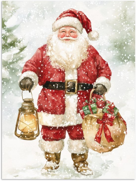 Poster 60x80 cm - Kerstman- Winter - Sneeuw - Wit - Rood - Posters - Kamer decoratie - Wanddecoratie woonkamer - Muurdecoratie slaapkamer - Kerstversiering - Kerstdecoratie voor binnen - Kerstmis