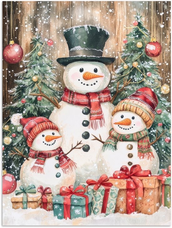 Poster 60x80 cm - Sneeuwpop - Familie - Kleurrijk - Posters - Kamer decoratie - Wanddecoratie woonkamer - Muurdecoratie slaapkamer