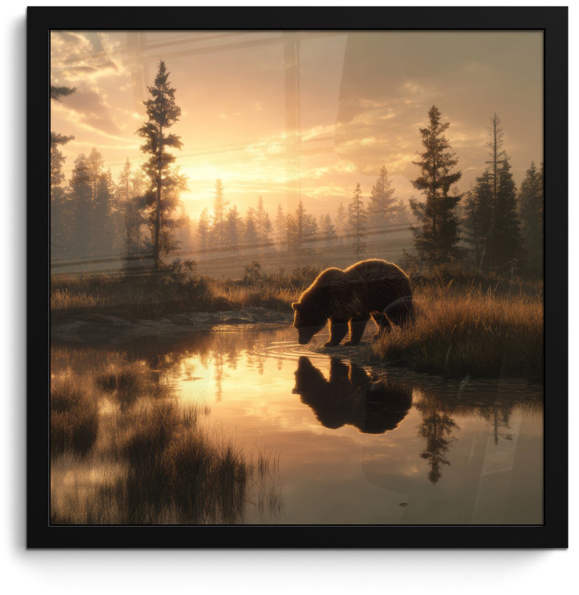 FrameYourWall Poster in lijst - Fotolijst 40x40 cm - Posters - Beer - water - Bos - Ochtendlicht - Posterlijst zwart - Decoratie - Wanddecoratie woonkamer - Muurdecoratie slaapkamer