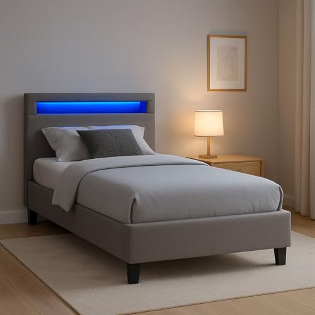 Gestoffeerd eenpersoonsbed met LED-verlichting 90x200 cm voor tienerkamer