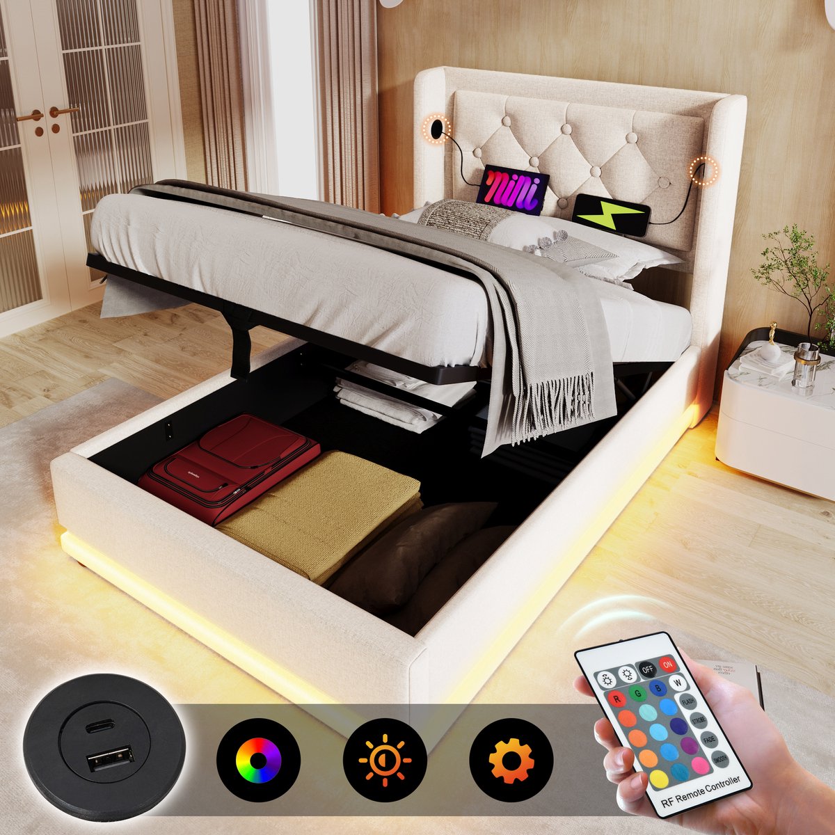 SINGULARITY-Gestoffeerd eenpersoonsbed 90 x 200 cm- beige- hydraulisch opbergbed- hoofdbord met USB Type-C- 3-zijdige LED- met matras