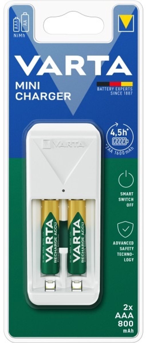 Varta Easy Mini Charger batterijenlader voor AA/AAA met 2x AAA / 800 mAh / wit