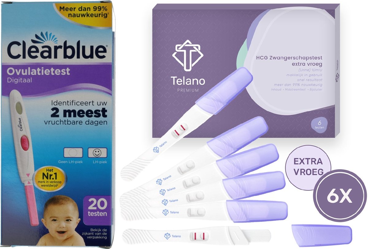 Clearblue Ovulatietest Digitaal 20 testen - Zwangerschapstest 6 stuks Midstream Extra Vroeg Premium - Telano