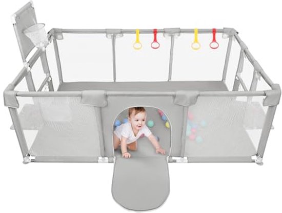 Kinderbox, XXL, opvouwbaar, modulair, met barrières, netten, oceaanbal, 4 handgrepen, extra grote speelbox voor baby's en peuters, kinderbox, 180 x 120 x 66 cm, zwart
