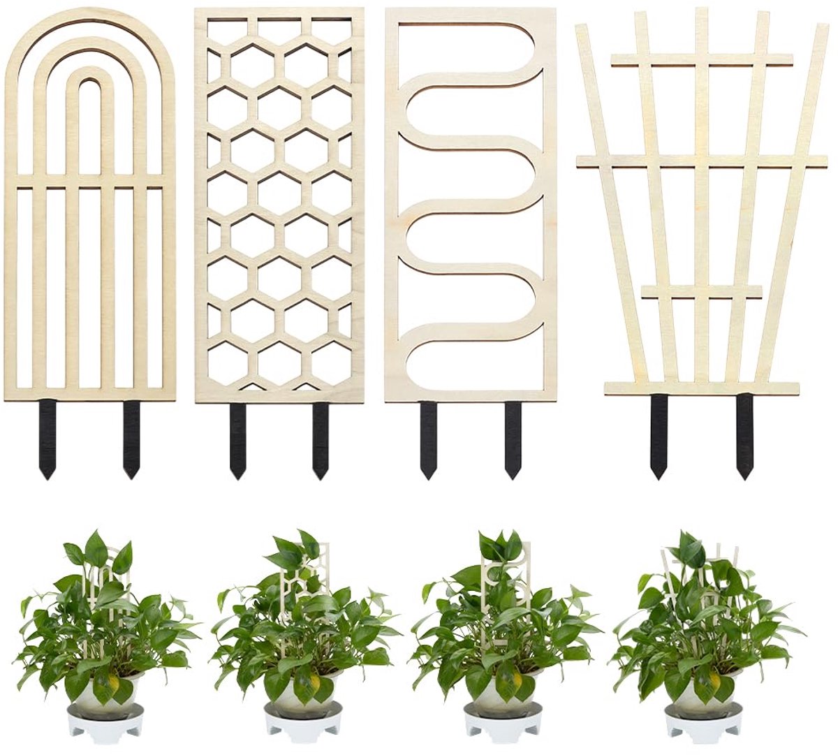 4 stuks Trellises voor kamerplanten, 4 stijlen, geblancheerd amandelhout, kamerplant trellis voor klimplanten, gemengde vormen, tuinlatwerk, plantenondersteuning voor klimopbloemen