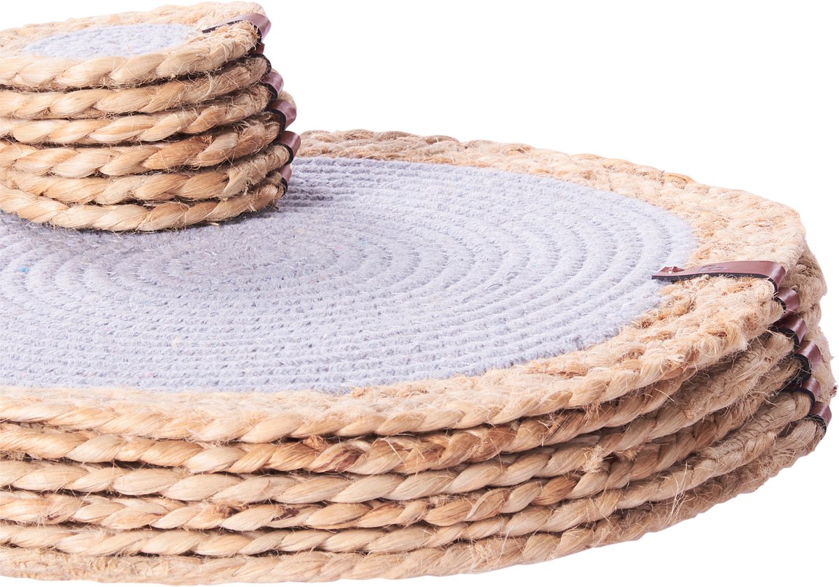 BELIANI ROSELLA - Set 12 placemats en onderzetters - Grijs/Natuurlijk - Jute