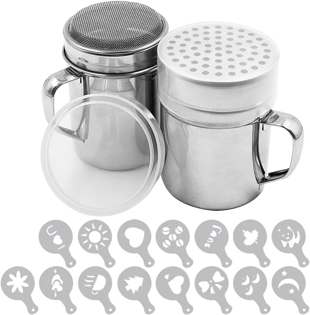 Allecto plus - Poedersuiker Shaker Duster set van 2 roestvrijstalen shakers voor suiker, peper, kaneel, meel met mallen en stencils - fijn en groot gaas.