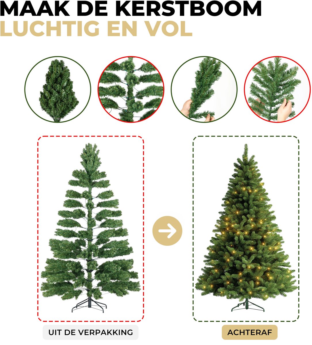 Ozocozy Kunstkerstboom - Kerstboom - 150 cm - Kunstkerstboom met LED-verlichting - Kerstboom met verlichting - 280 LED lampjes - 580 Takken - Kerst - Inclusief opbergtas – foto 4