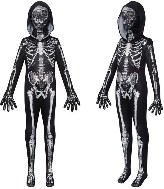 Joya Kids® Verkleedpak Skelet | Halloween Kostuum Kind & Volwassene | Stretch Jumpsuit met Capuchon & Masker | Verkleedkleding Met Sokken & Handschoenen | Maat 140
