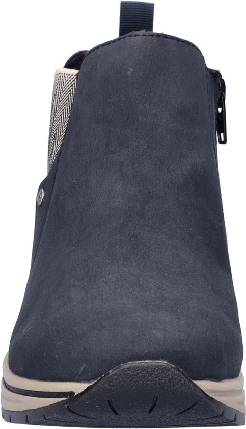 Vooraanzicht van donkerblauwe enkellaars met rits, visgraatdetails en beige zool.