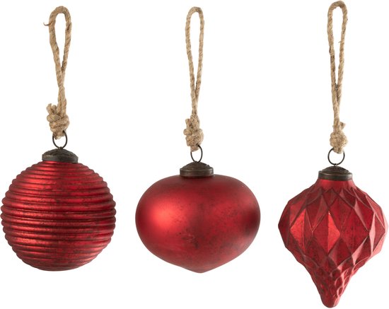 J-Line boule de Noël Oxydée - verre - rouge - lot de 3